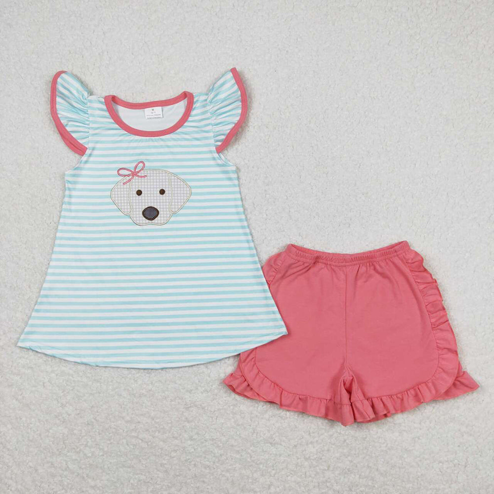 Baby Girls Flutter Sleeve Dog Tunic Top Ruffle Shorts Clothes Sets