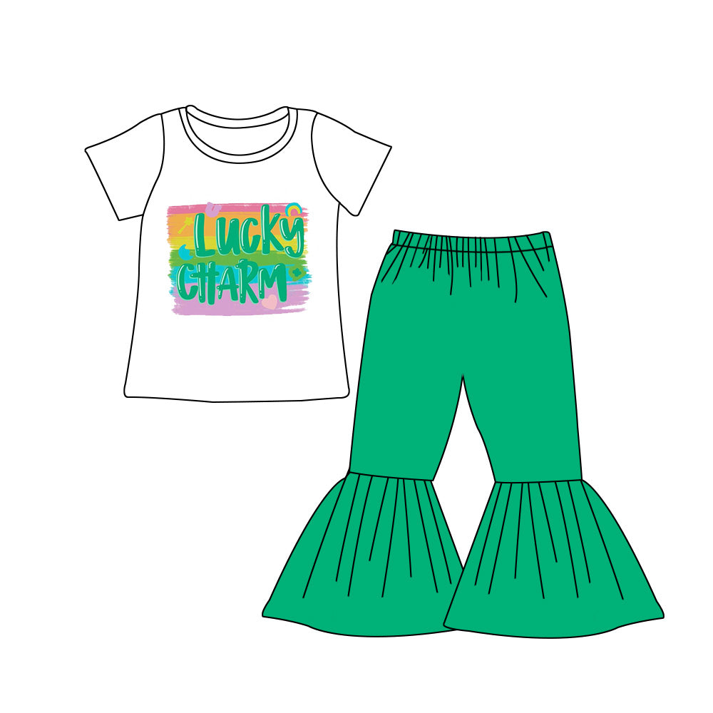 Baby Girls St Patrick Day Lucky Charm Top Green Bell Pants Outfits Clothes Sets preorder(moq 5)