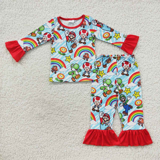 Baby Girls Rainbow Cartoon Long Sleeve Ruffle Pajamas Clothes Sets