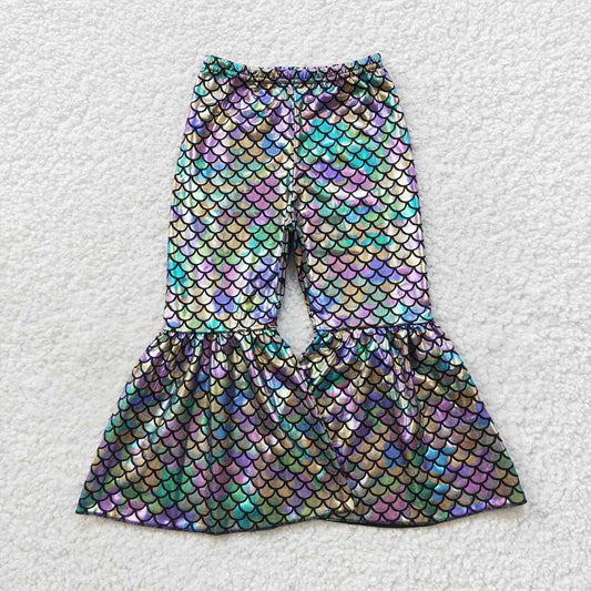 P0251 Baby Girls Colorful Mermaid Scale Holographic Spandex Bell Bottom Pants