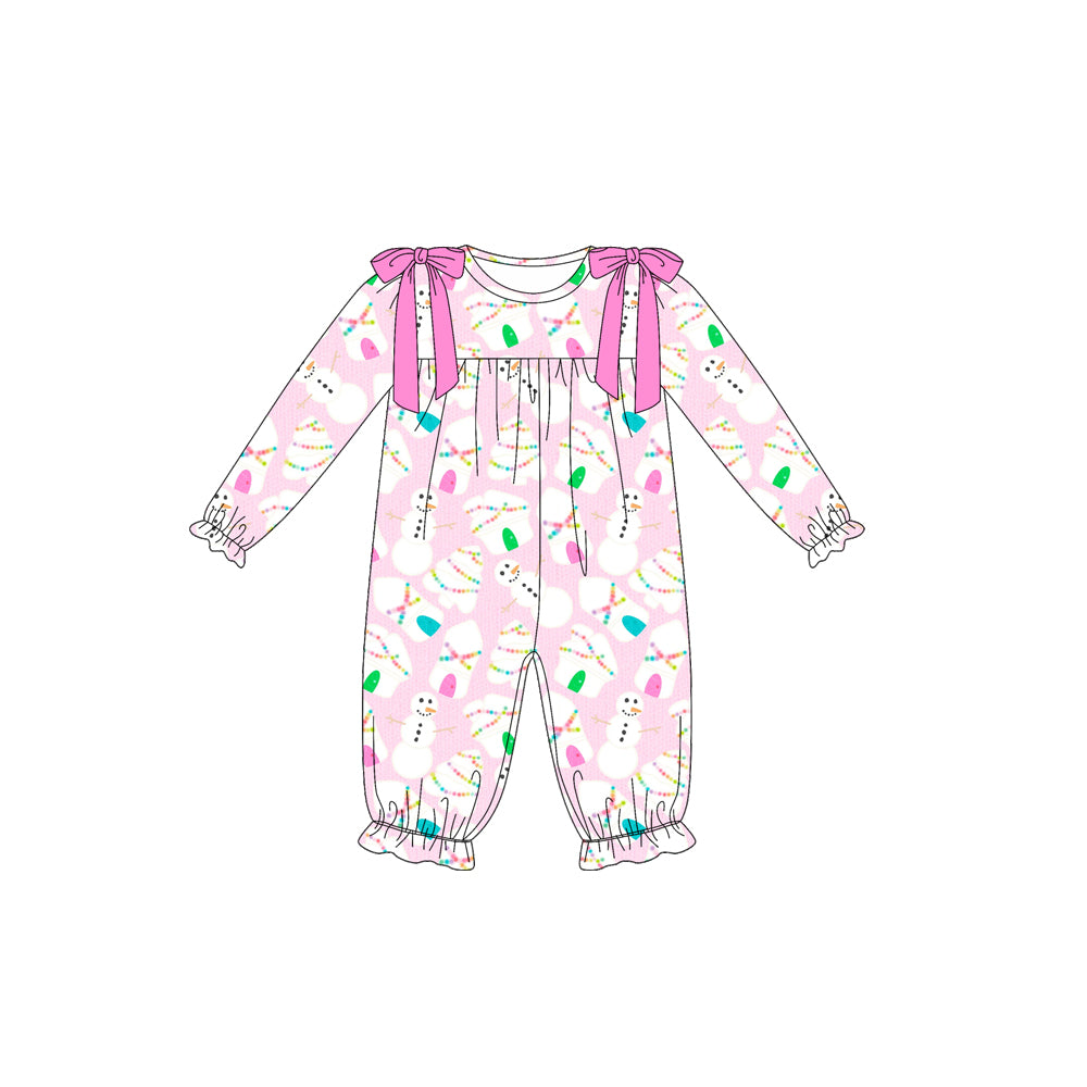 Preorder moq 5 Baby Girls Long Ruffle Sleeves Christmas Trees Snowman Pant Rompers