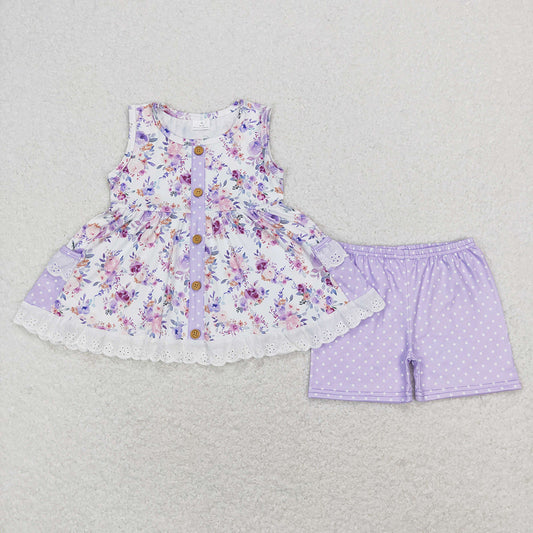 Baby Girls Summer Purple Flowers Sleeveless Tunic Tops Shorts Outfits Clothes Sets