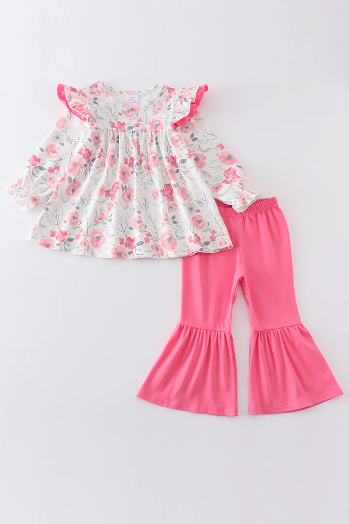 Baby Girls Pink Flowers Tunic Tunic Top Bell Pants Clothes Sets preorder(moq 5)