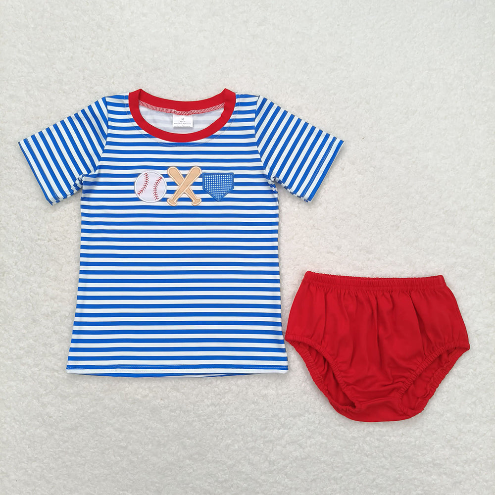 Baby Girls Blue Stripes Baseball Summer Sibling Clothes Sets