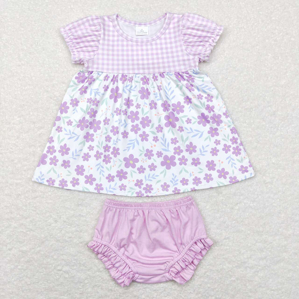 Baby Girls Purple Small Flowers Tunic Bummies Clothes Sets