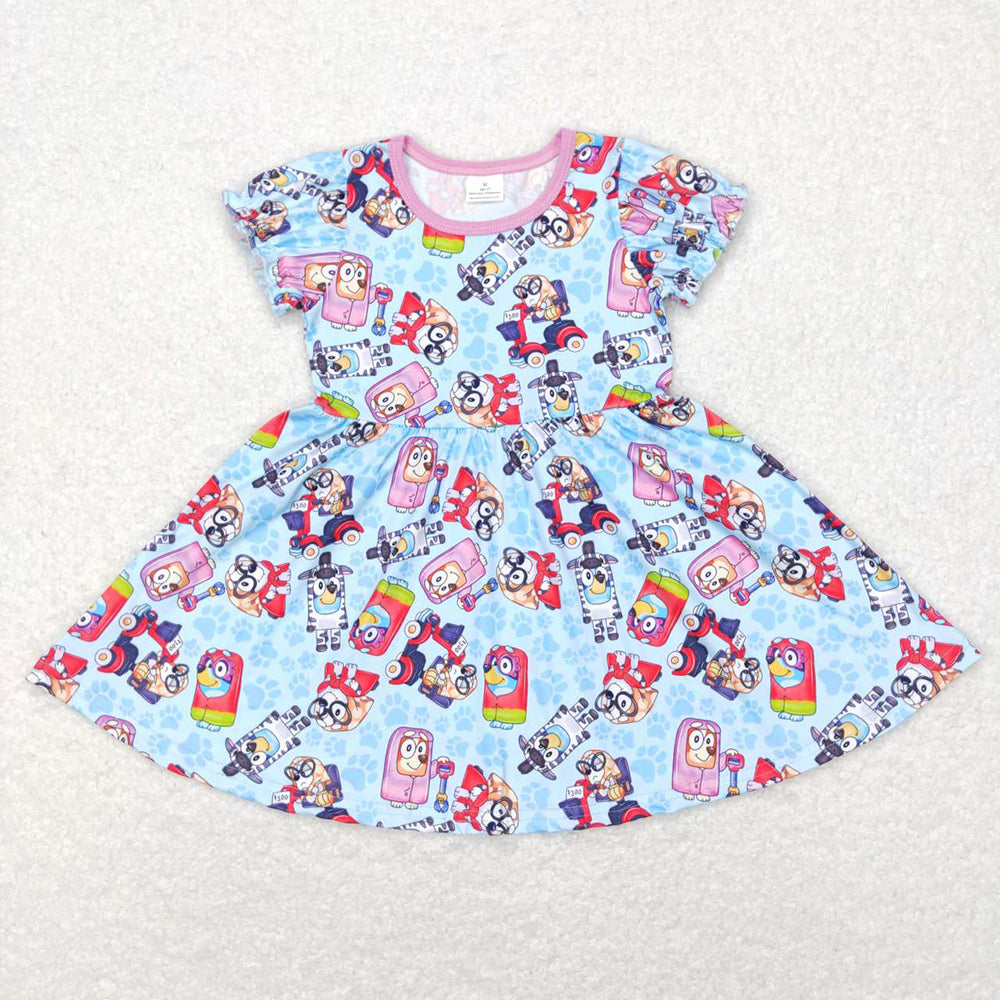 Baby Girls Blue Dogs Short Sleeve Knee Length Dresses