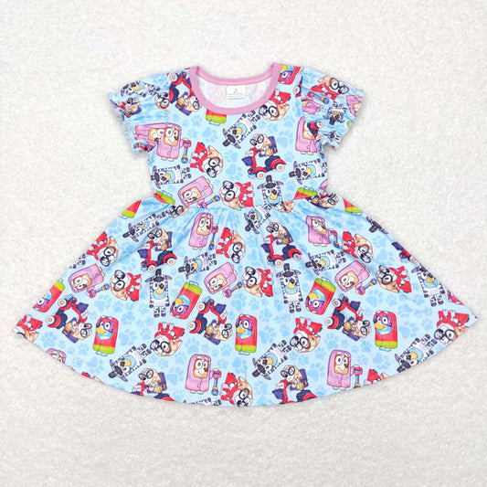 Baby Girls Blue Dogs Short Sleeve Knee Length Dresses