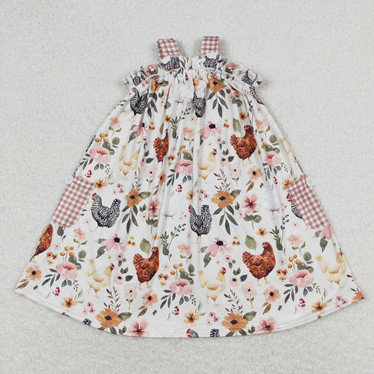 Baby Girls Chicken Flowers Pockets Stripes Knee Length Dresses