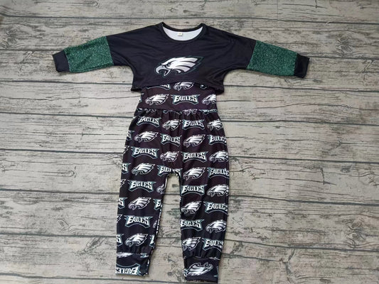 Baby Girls Team Eagles Green Long Sleeve Top Jumpsuits 2pcs sets Preorder(moq 5)