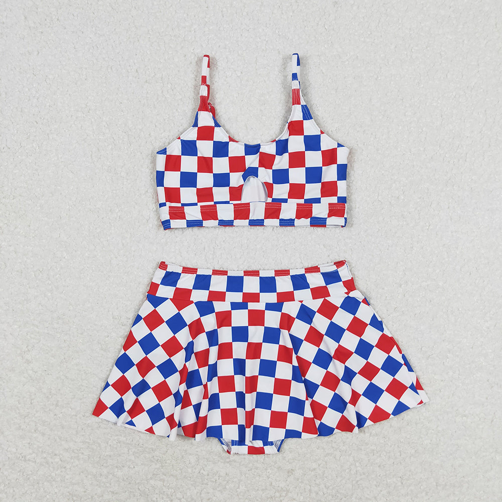 Baby Girls Summer Red Blue Checkered Top Bottoms 2pcs Swimsuits