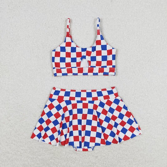 Baby Girls Summer Red Blue Checkered Top Bottoms 2pcs Swimsuits