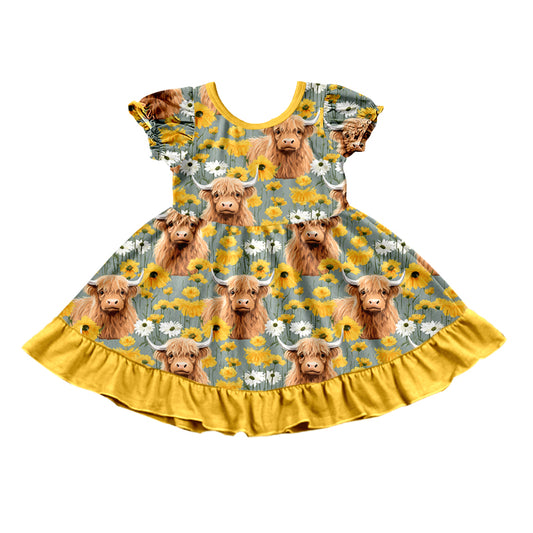 Baby Girls Western Highland Cow Flowers Knee Length Dresses preorder(moq 5)