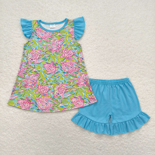 Baby Girls Blue Turtle Tunic Ruffle Shorts Clothes Sets