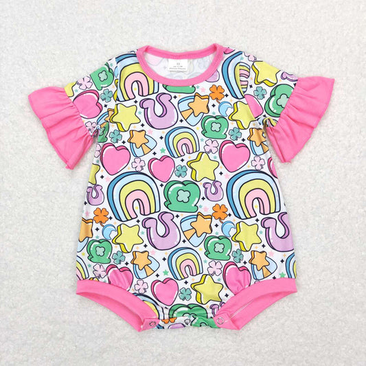 Baby Girls Pink St Patrick Day Rainbow Short Sleeve Rompers