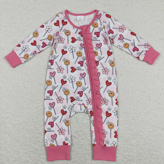 Baby Infant Girls Valentines Flowers Hearts Long Sleeve Zip Rompers