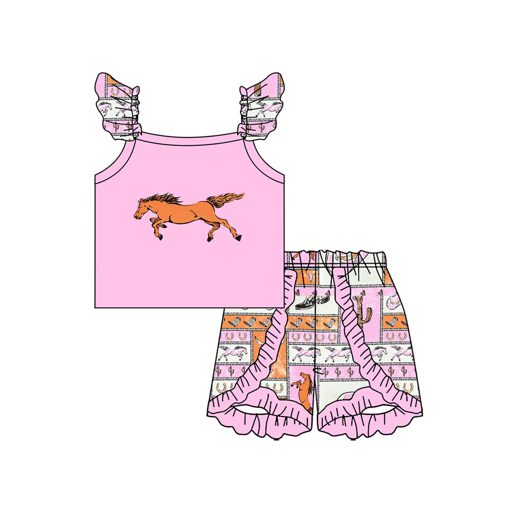 Preorder moq 5 Baby Girls Flutter Sleeves Horses Boots Top Ruffle Short Sets