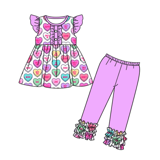 Baby Girls Flutter Sleeve Lavender Hearts Tunic Legging Valentines Clothes Sets preorder(moq 5)