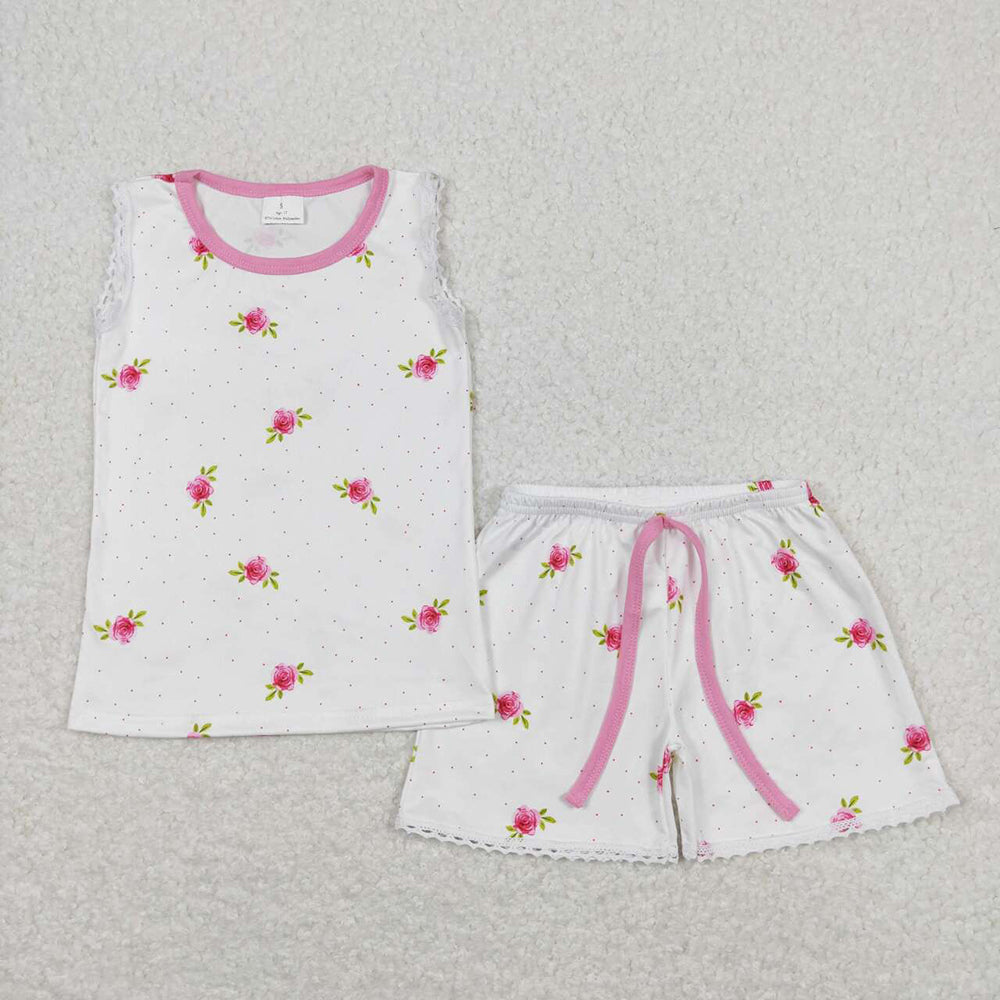 Baby Girls Pink Sleeveless Small Flowers Shirt Top Shorts Clothes Sets