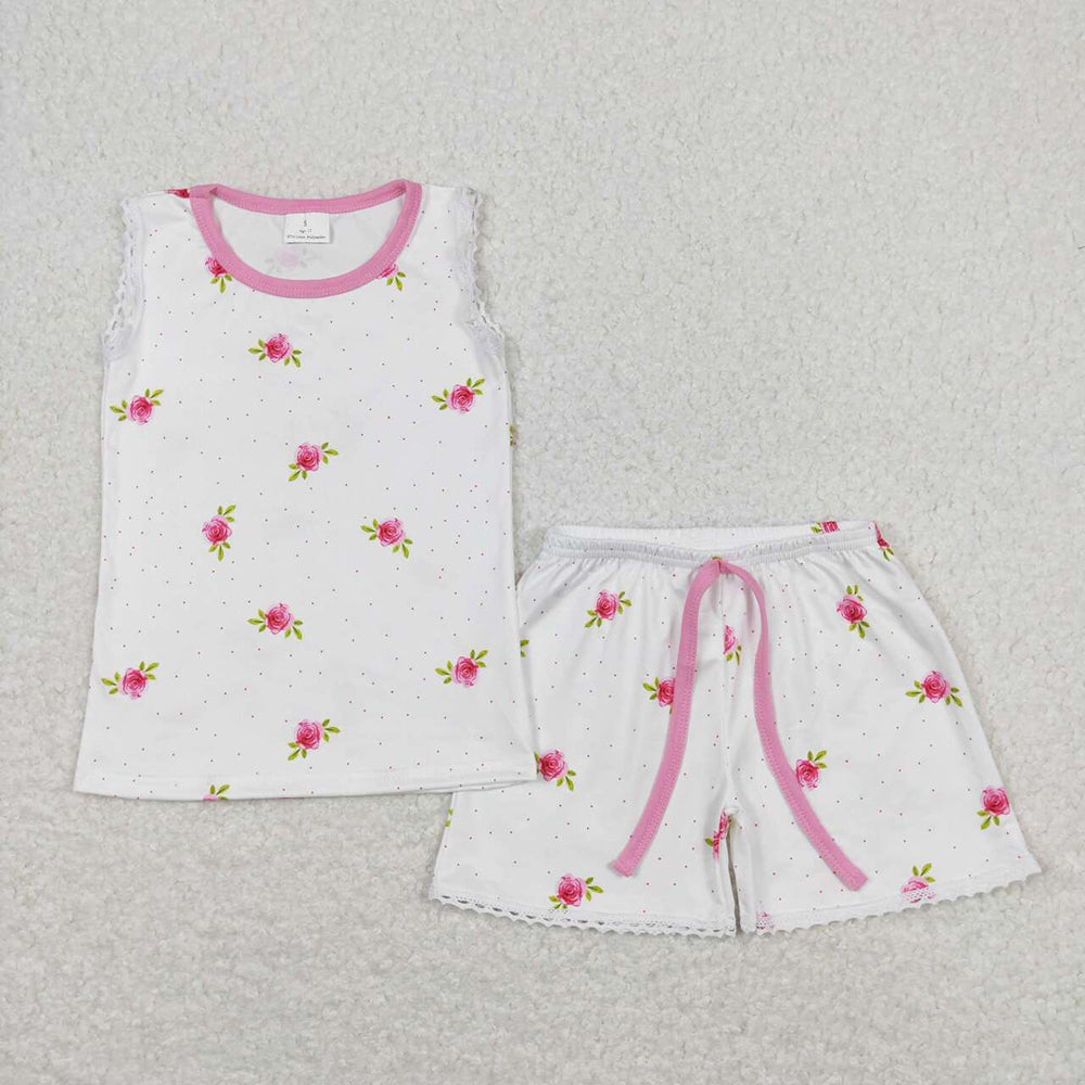 Baby Girls Pink Sleeveless Small Flowers Shirt Top Shorts Clothes Sets