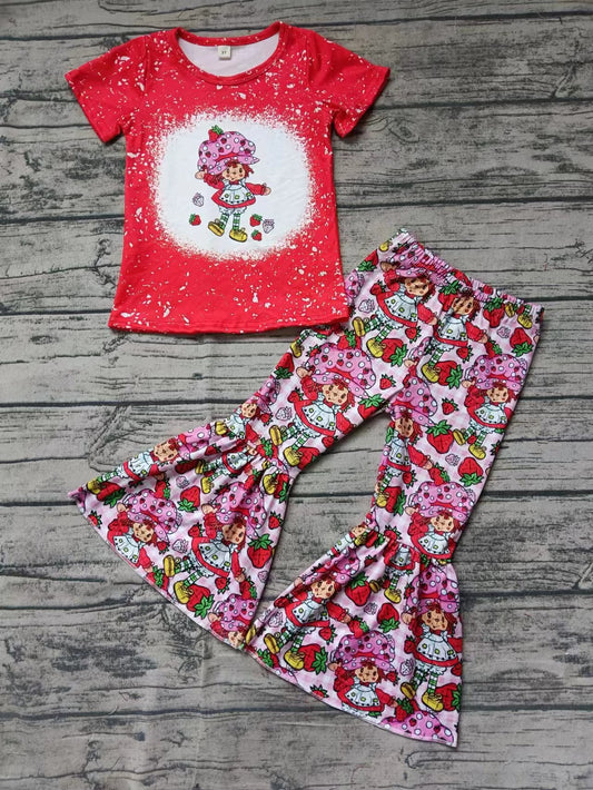 Baby Girls Cartoon Strawberry Short Sleeve Shirt Bell Pants Clothing Sets Preorder(moq 5)