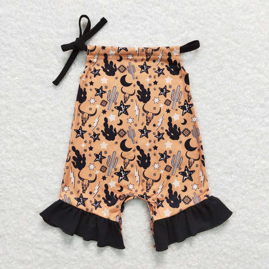 Baby Girls Straps Western Cactus Cows Brown Rompers