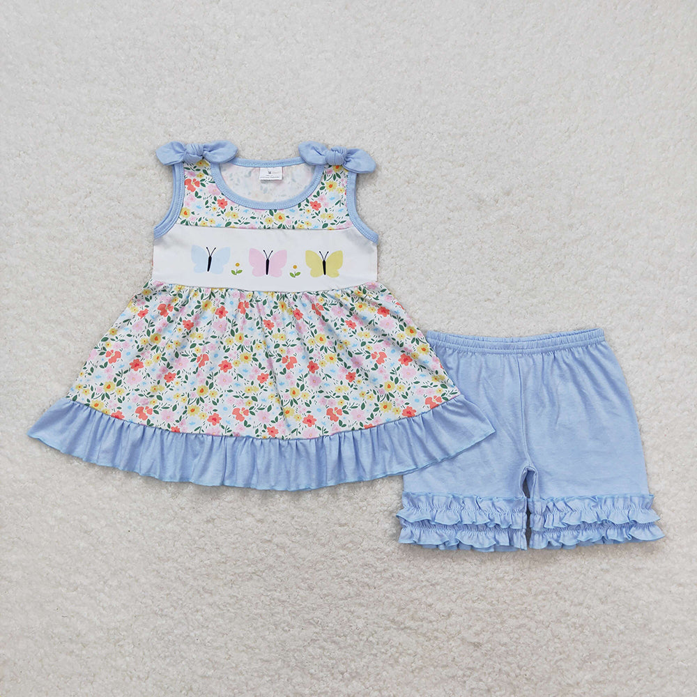 Baby Girls Flutter Sleeve Floral Butterfly Tunic Top Ruffle Shorts Clothes Sets