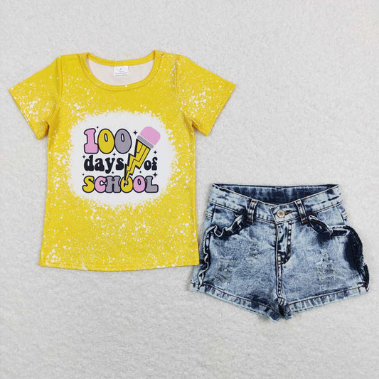 Baby Girls 100 days school Shirt Denim Shorts Outfits Sets