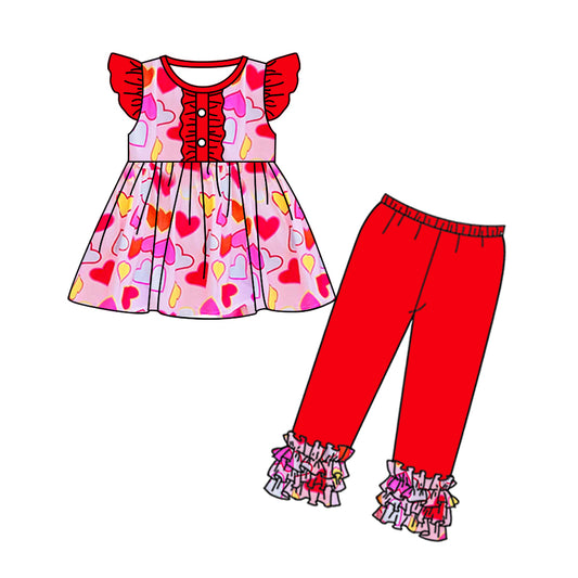 Baby Girls Flutter Sleeve Red Hearts Tunic Legging Valentines Clothes Sets preorder(moq 5)