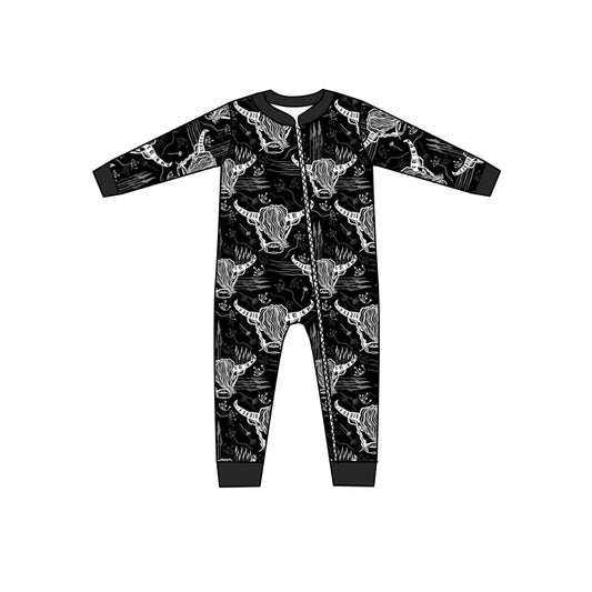 Baby Girls Black Highland Cow Western Long Sleeve Rompers preorder(moq 5)