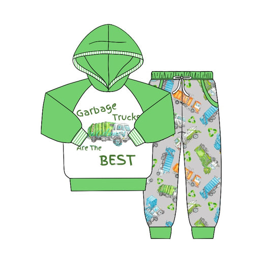 Baby Boys Hooded Green Trucks Top Pants Outfits Clothes Sets preorder(moq 5)