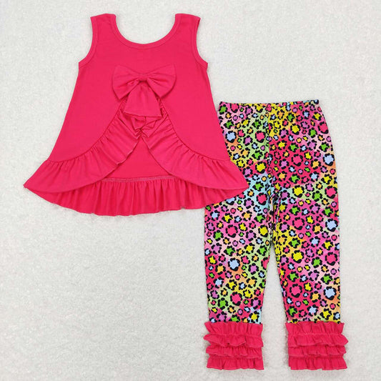 Baby Girls Hotpink Bow Tunic Top Leopard Icing Ruffle Pants Clothes Sets