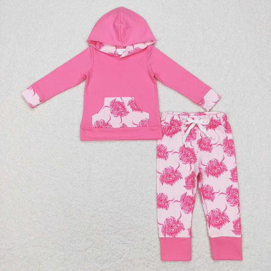 Baby Girls Pink Western Cows Hooded Top Pants Clothing Sets