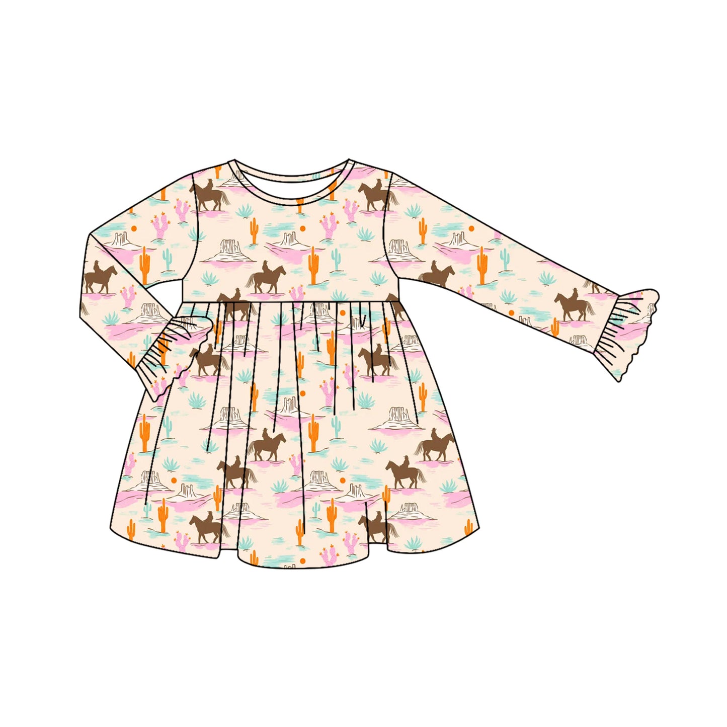 Preorder (moq 5)Baby Girls Long Ruffle Sleeves Horse Rodeos Cactus Knee Length Dresses