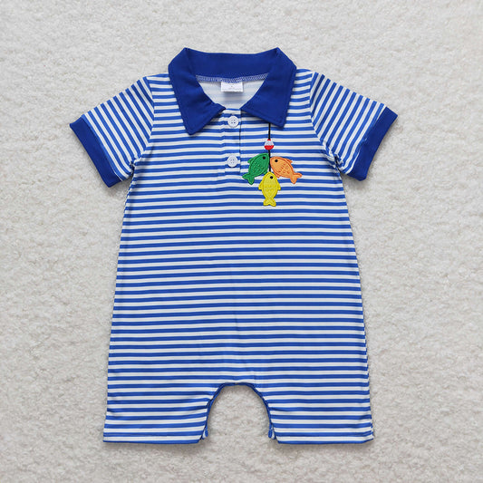 Baby Infant Boys Fishing Blue Stripes Short Sleeve Buttons Rompers