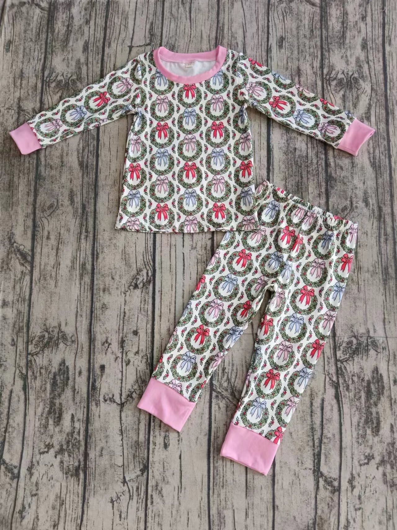 Preorder (moq 5)Baby Girls Bows Christmas Top Pants Pajamas Clothes Sets