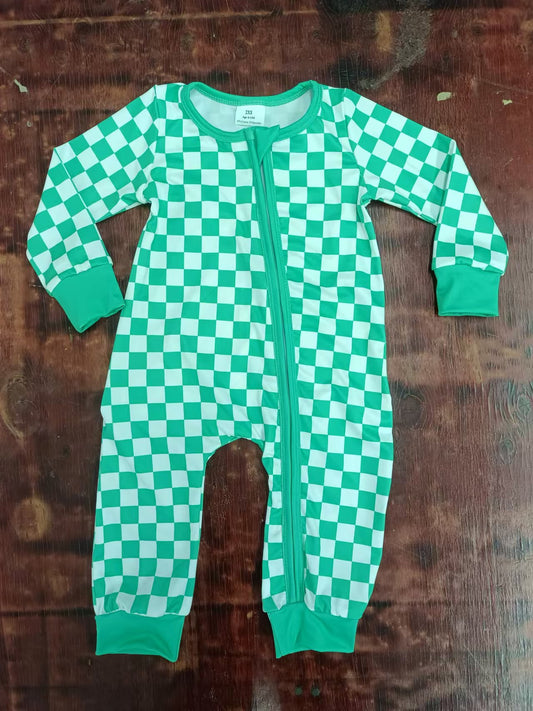 Preorder(moq 5)Baby Infant Boys Green Checkered Zip Rompers