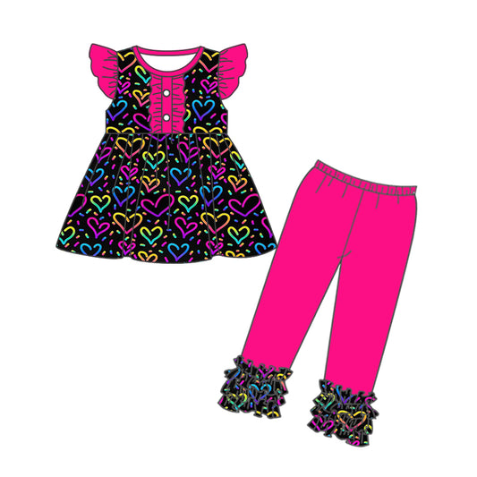 Baby Girls Flutter Sleeve Colorful Hearts Tunic Legging Valentines Clothes Sets preorder(moq 5)