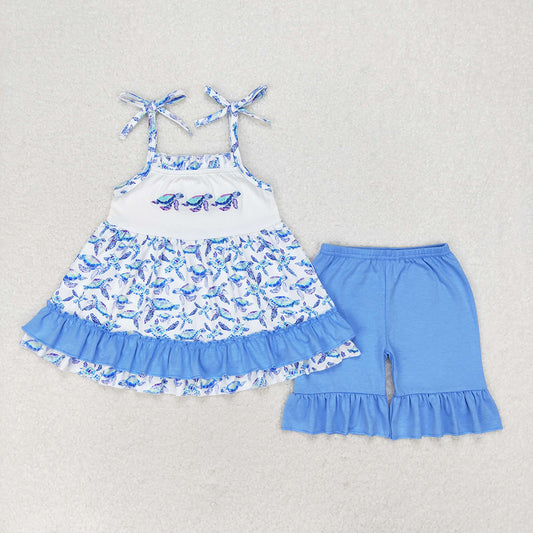 Embroider Turtles Baby Girls Straps Top Blue Ruffle Shorts Clothes Sets