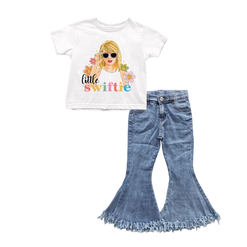 Baby Girls Singer White Tee Shirts Tops denim pants sets preorder(moq 5)