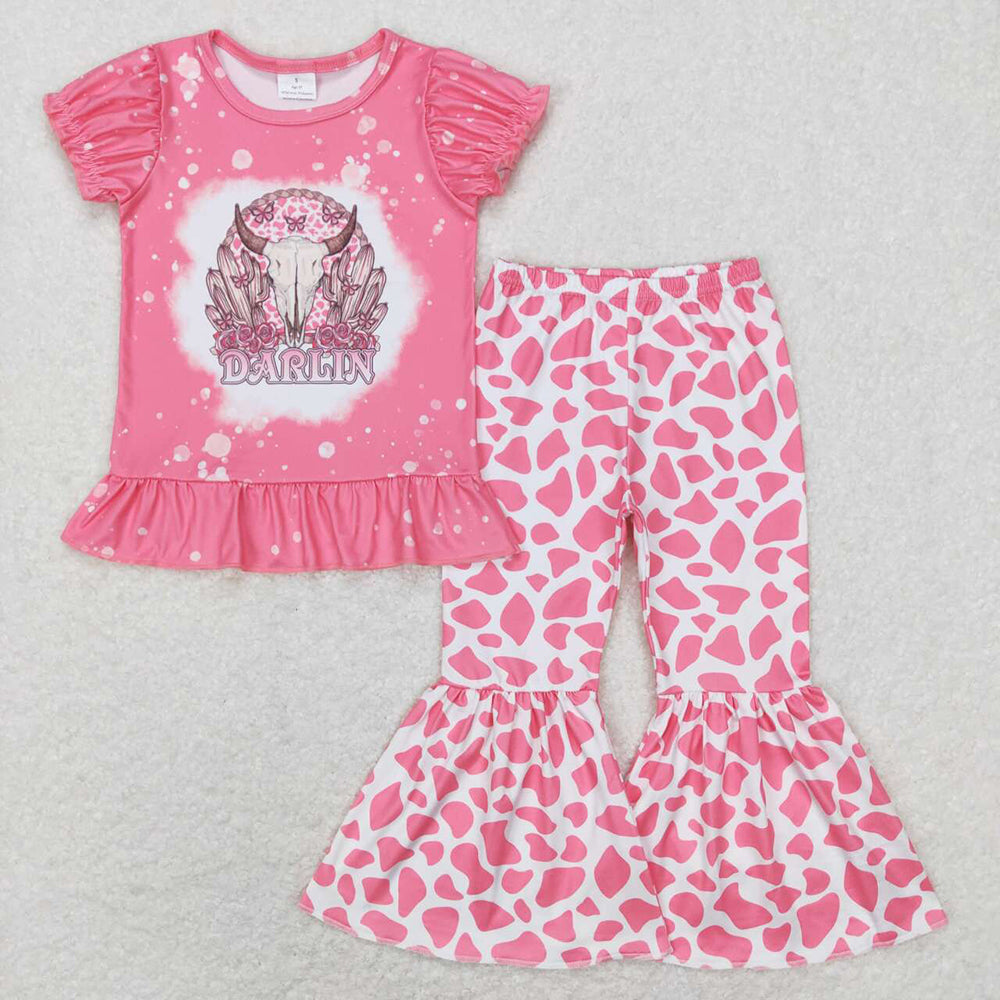 Baby Girls Pink Cow Cactus Top Bell Pants Clothing Sets