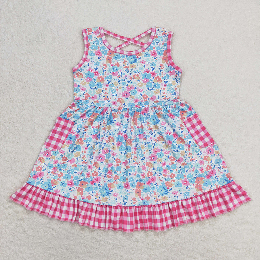 Baby Girls Pink Checkered Floral Sleeveless Pockets Ruffle Dresses