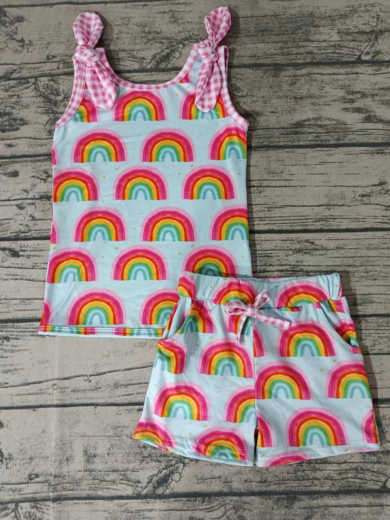 Baby Girls Colorful Rainbow Bow Shirt Shorts Clothes Sets Preorder(moq 5)