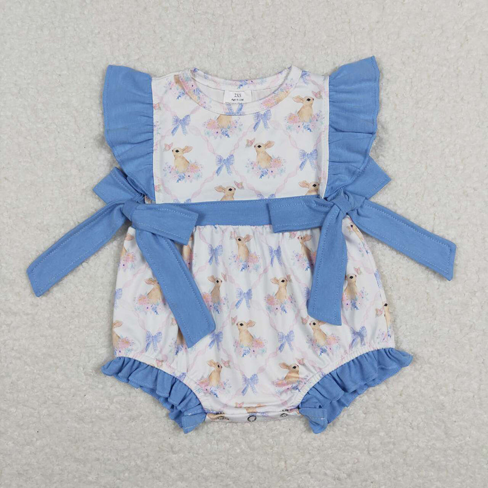 Baby Infant Girls Blue Rabbits Bows Flutter Sleeve Rompers