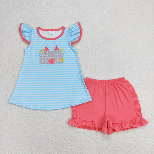 Baby Girls Blue Stripes Castle Tunic Top Ruffle Shorts Clothes Sets