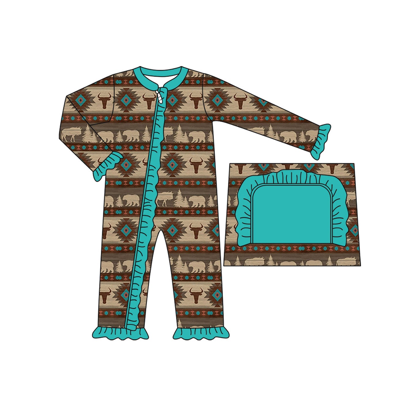 Preorder moq 5 Baby Infant Girls Long Sleeves Bull Skull Aztec Stripes Ruffle Zipper Romper