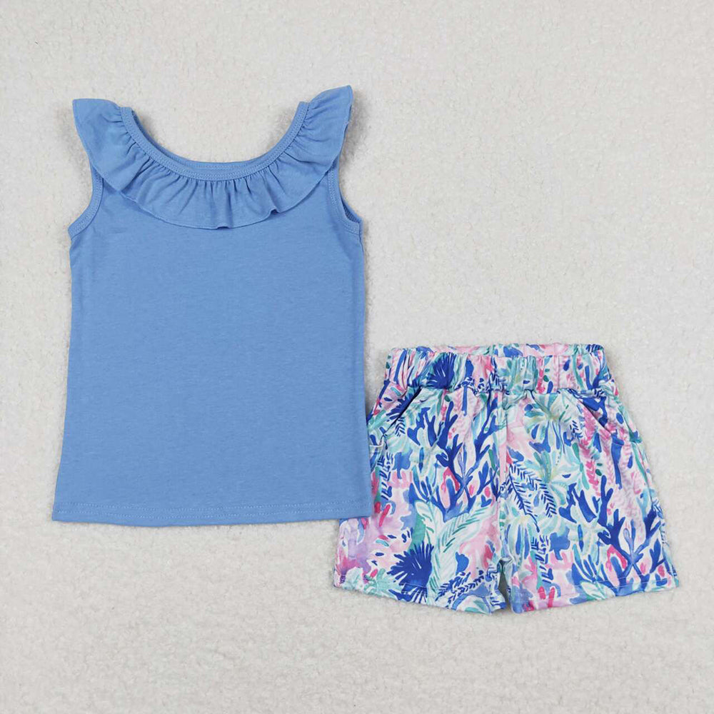 Baby Girls Round Neck Shirt Top Water Flowers Shorts Clothes Sets