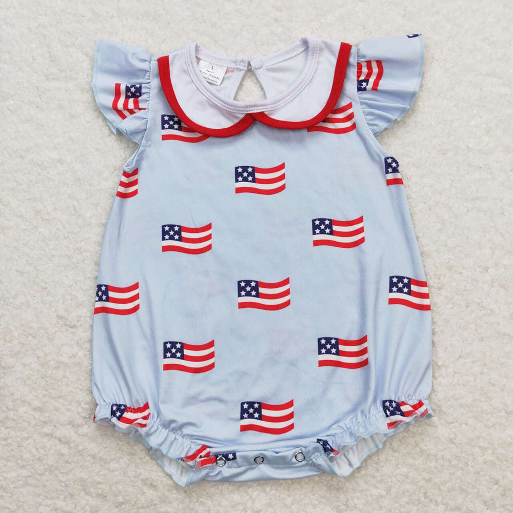 Baby Infant Girls 4th Of July Flags Flutter Sleeve Rompers