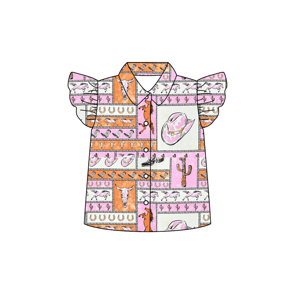 Preorder moq 5 Baby Girls Flutter Sleeves Horse Boots Button Shirts Top