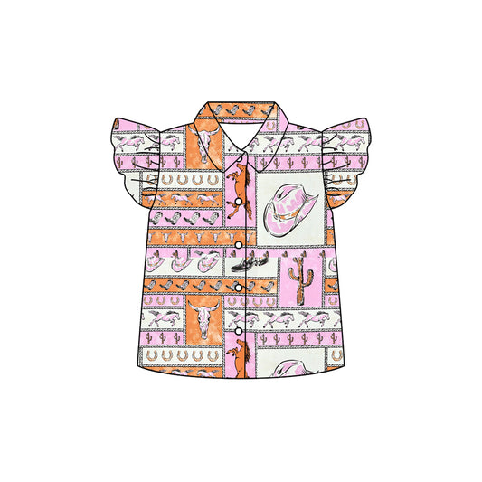 Preorder moq 5 Baby Girls Flutter Sleeves Horse Boots Button Shirts Top