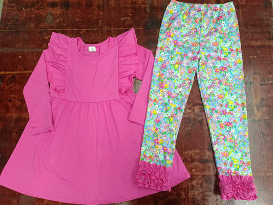 Preorder (moq 5)Baby Girls Pink Tunic Top Floral Ruffle Pants Outfits Clothes Sets
